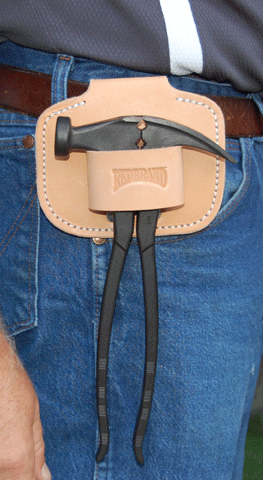 Leather Fence Plammer Pliers Holder shown in use